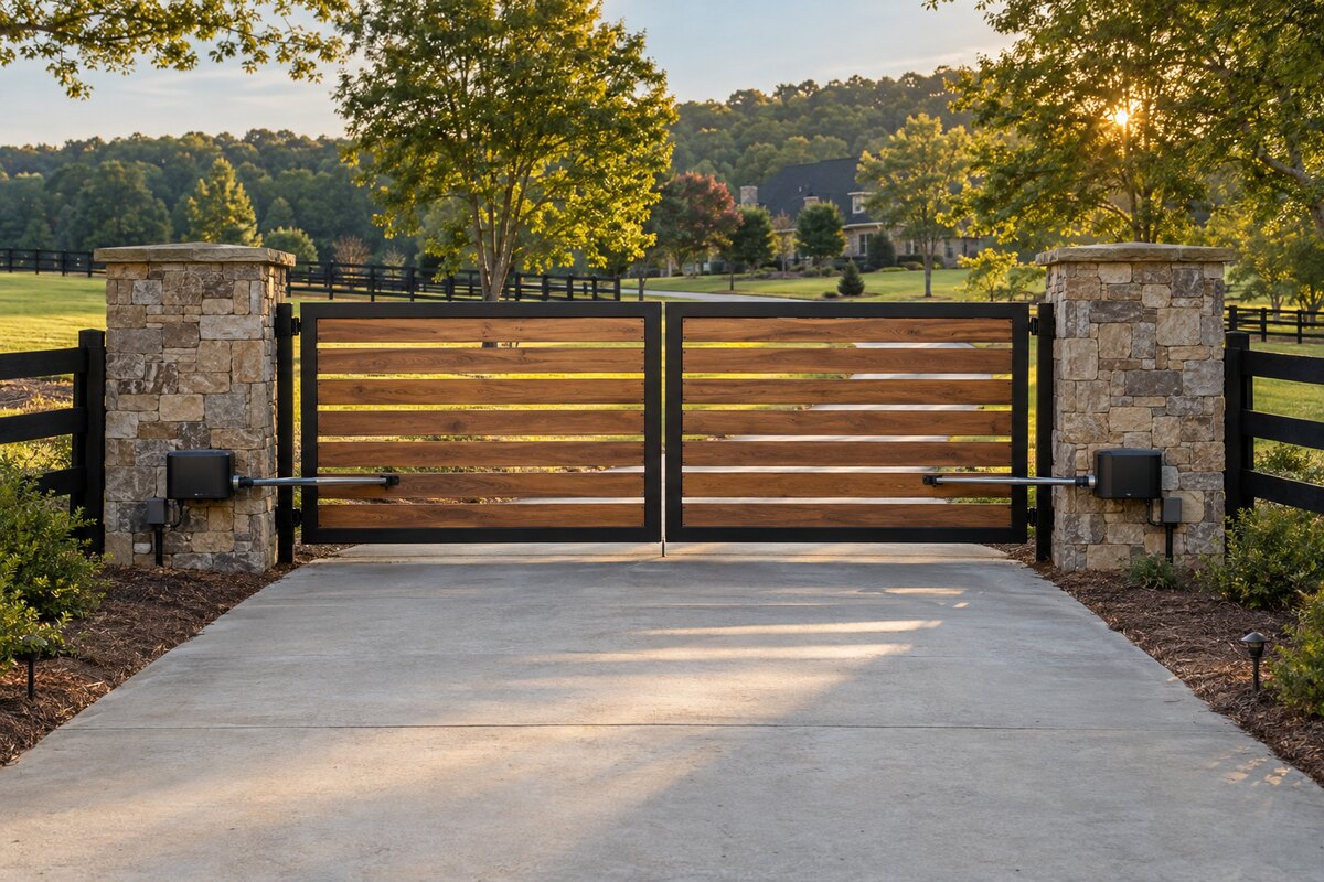 Automated double-swing wood and steel driveway gate with electric operators at a north Georgia property