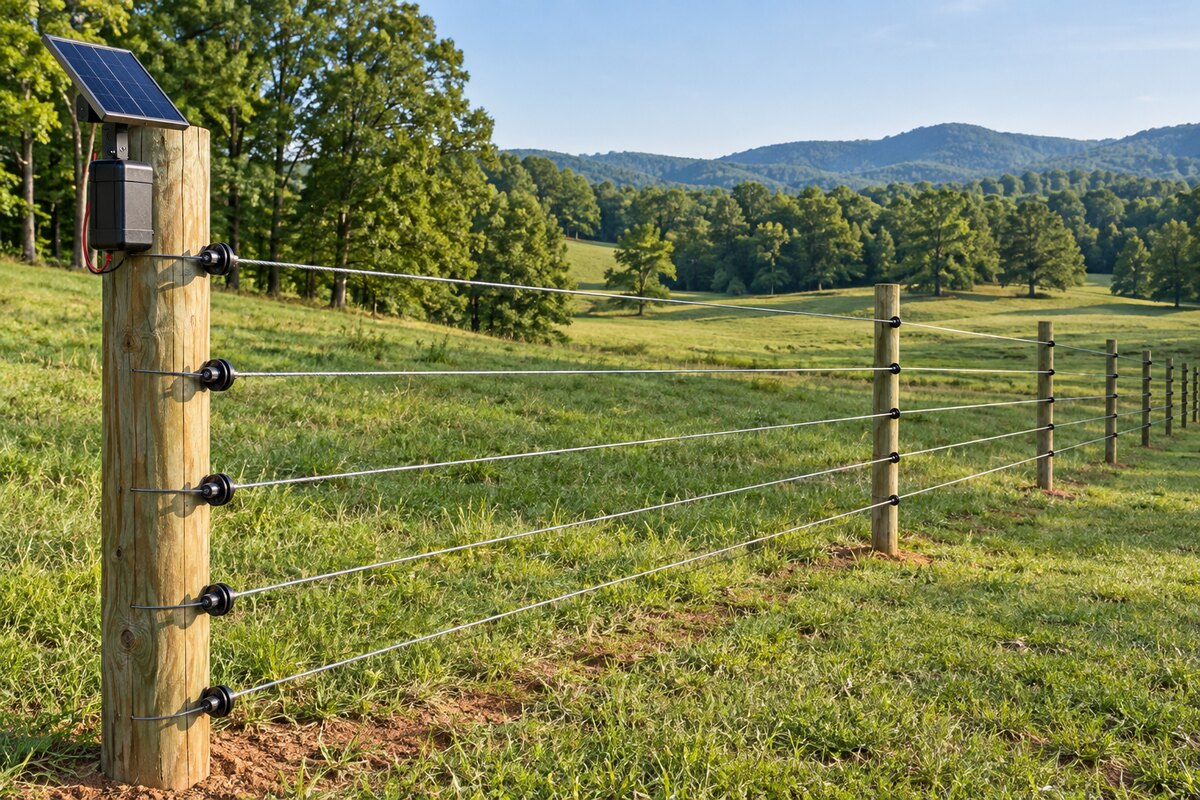 Five-strand electric livestock fence with post insulators and a solar energizer on a north Georgia pasture