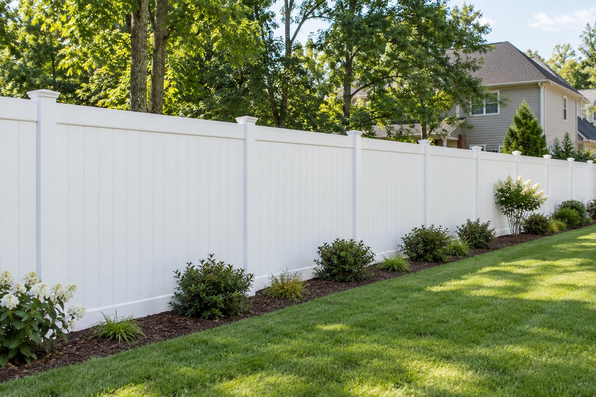 White vinyl privacy fence installed beside a landscaped north Georgia home