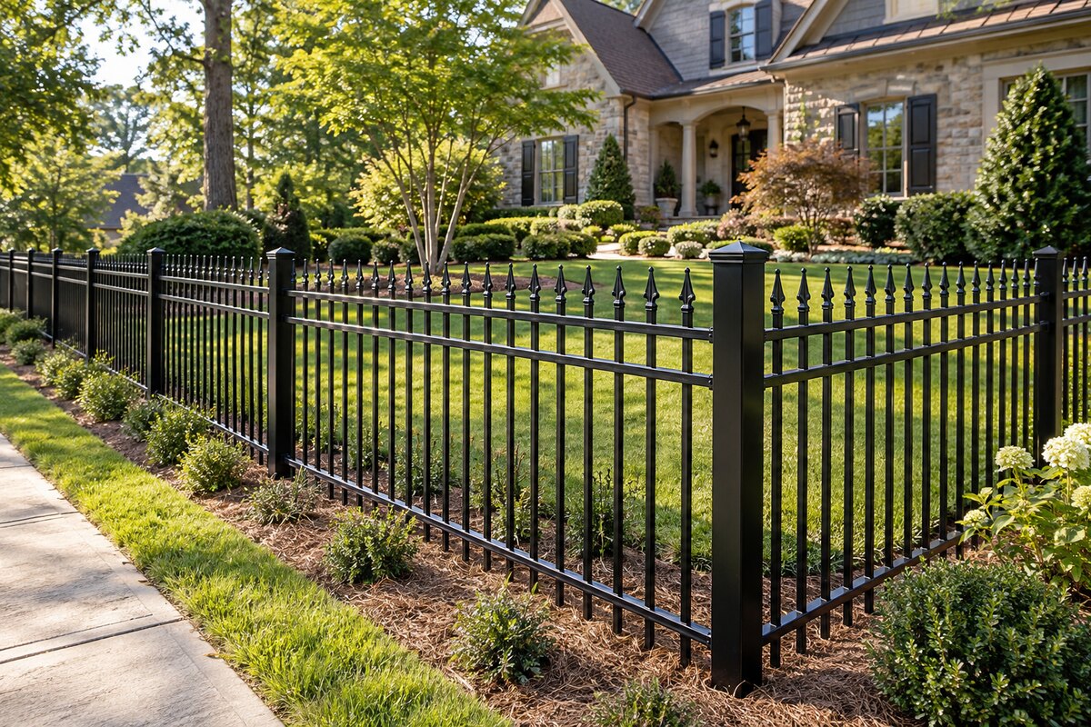 Black ornamental wrought iron fence installed around a landscaped north Georgia home